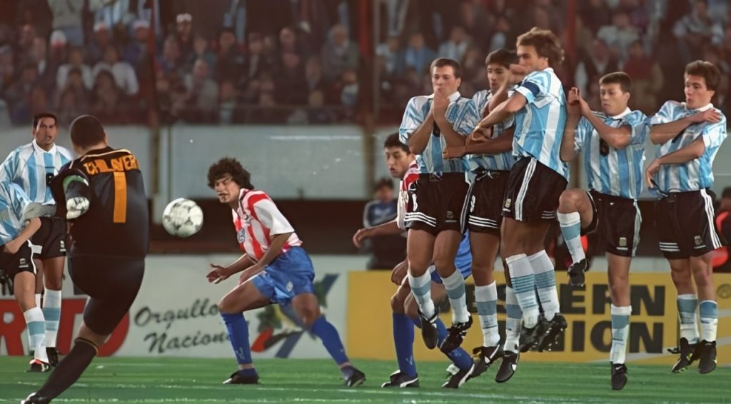 Chilavert kicking the ball against Argentina